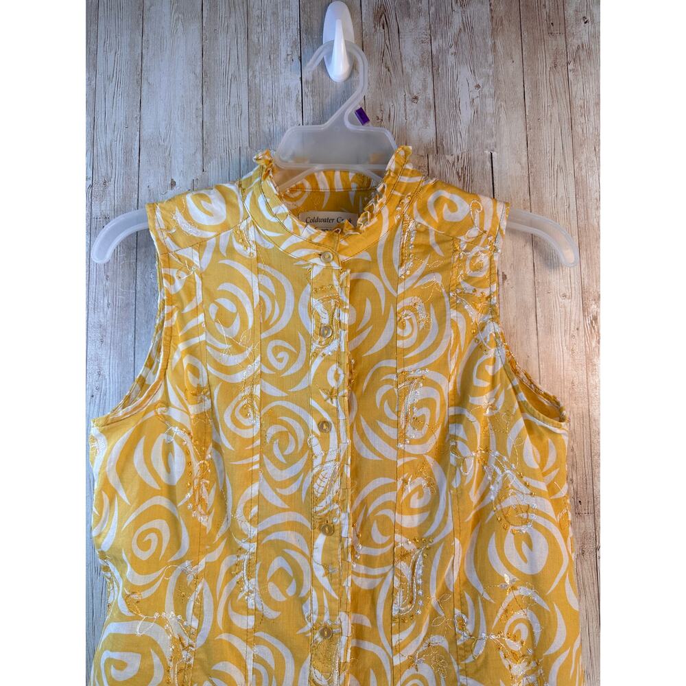 Coldwater Creek Top Womens S‎ Yellow Embroidered High Neck Ruffle Trim Pleated - Picture 3 of 11